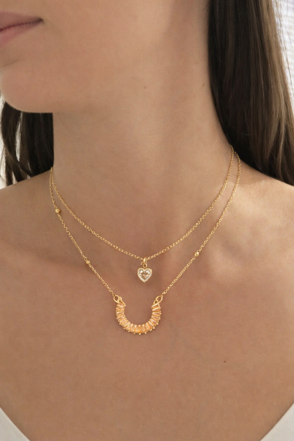Gold Layered Heart Necklace with Baguette Crescent